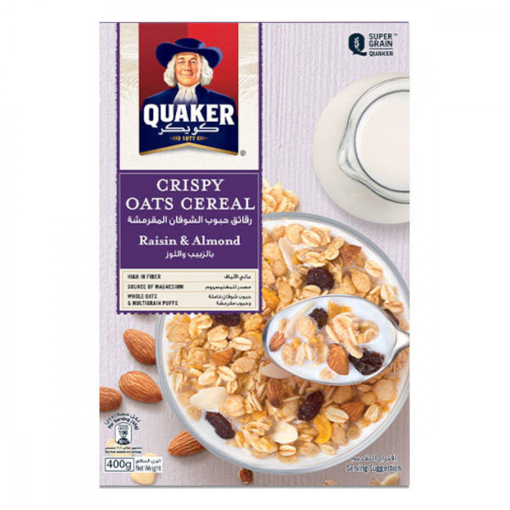 Quaker Crispy Oats Cereal Raisin & Almond 400gm  Quaker Crispy Oats Cereal Raisin & Almond 400gm